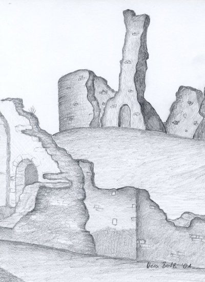 Okehampton Castle Bleistift-Zeichnung